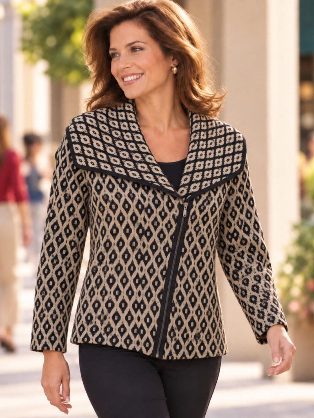 Cato Women 18/20W Black Tan Geometric Wool Blend Shawl Collar Cardigan Statement